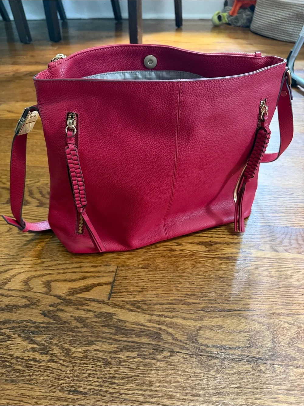 Lodis Raspberry Red Leather Hobo Crossbody with Braided Tassels